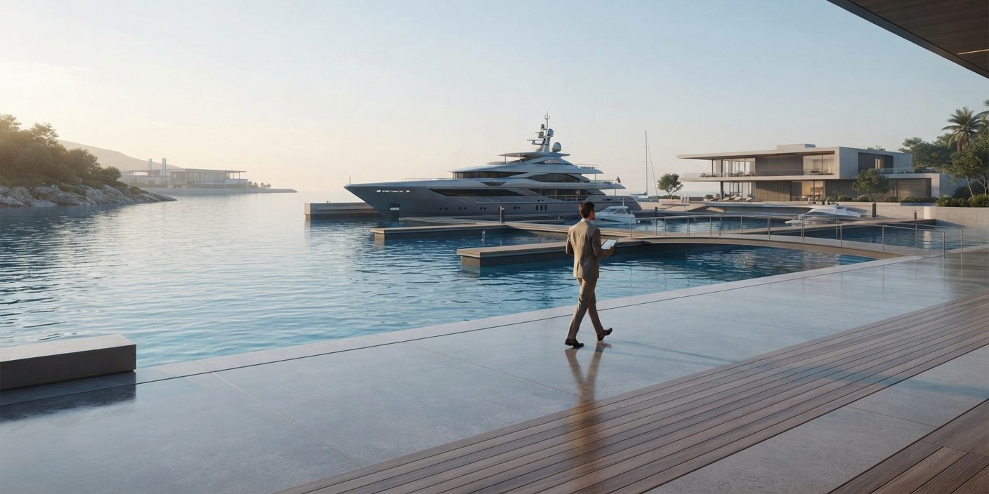 Waterfront destination with a yacht and an advisor at work